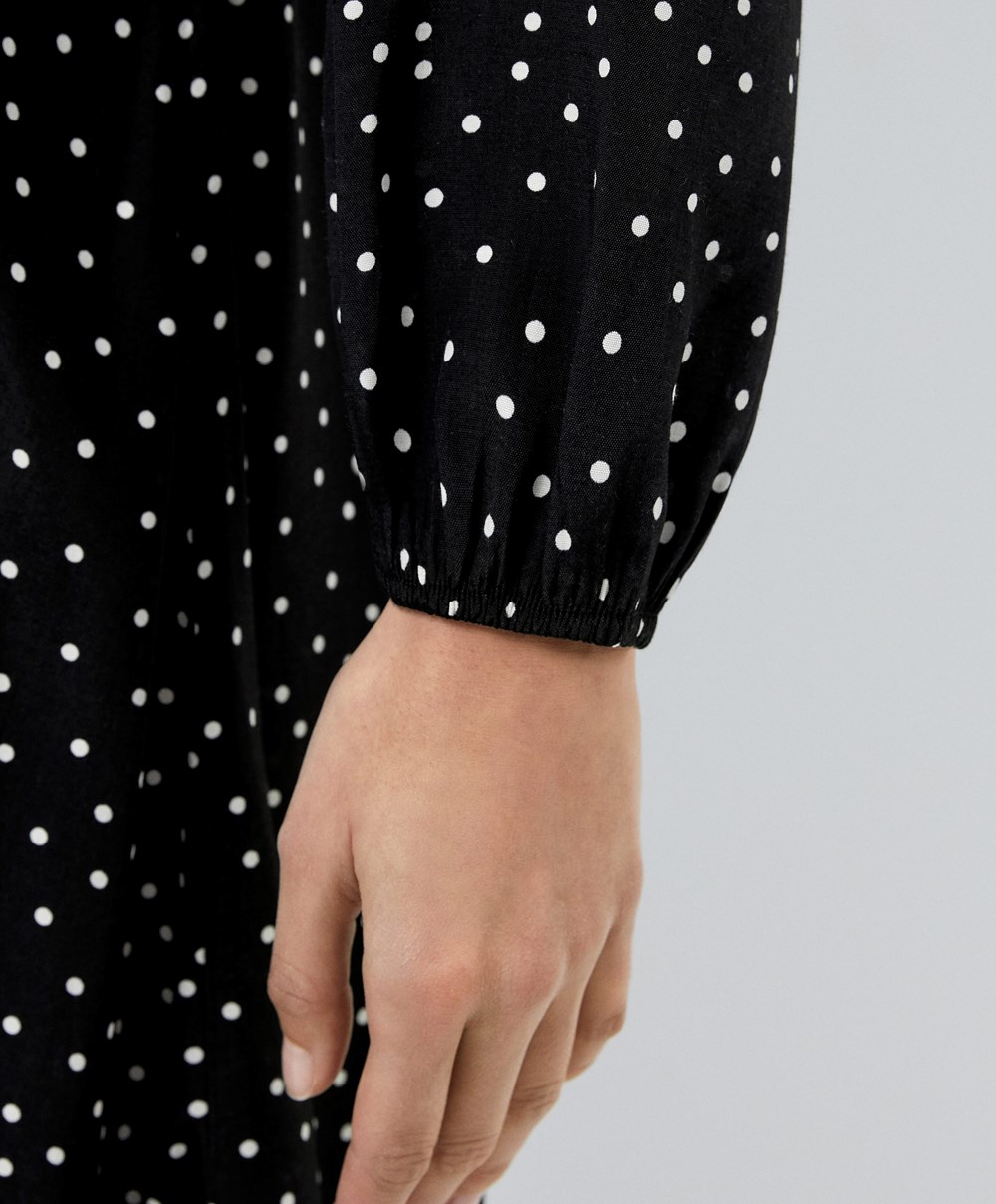 Oysho Dotted Long-sleeved Long φορεμα μαυρα | HPRJXA-862