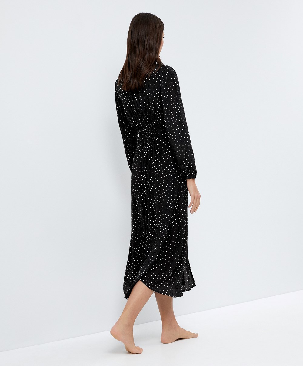 Oysho Dotted Long-sleeved Long φορεμα μαυρα | HPRJXA-862