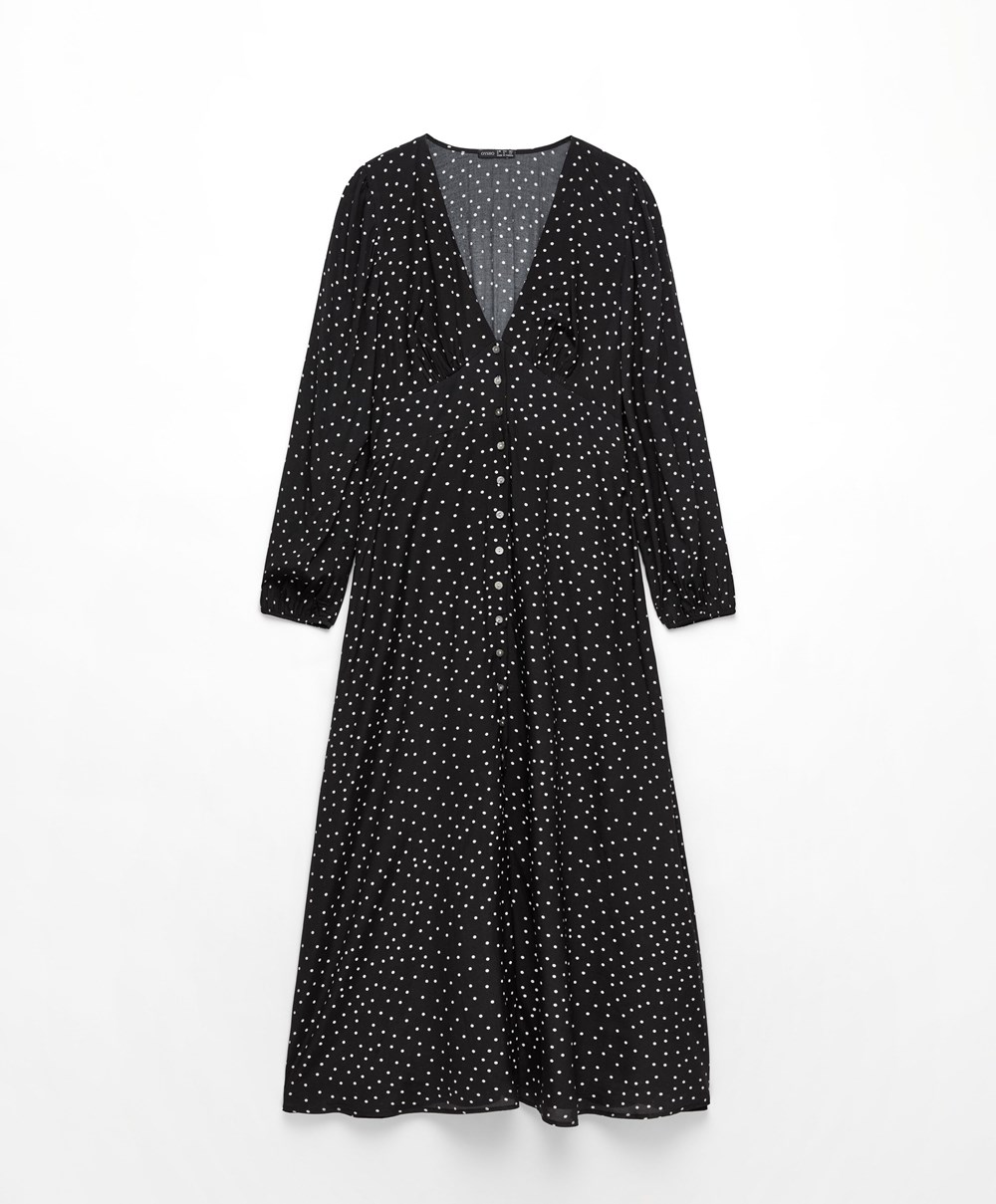 Oysho Dotted Long-sleeved Long φορεμα μαυρα | HPRJXA-862