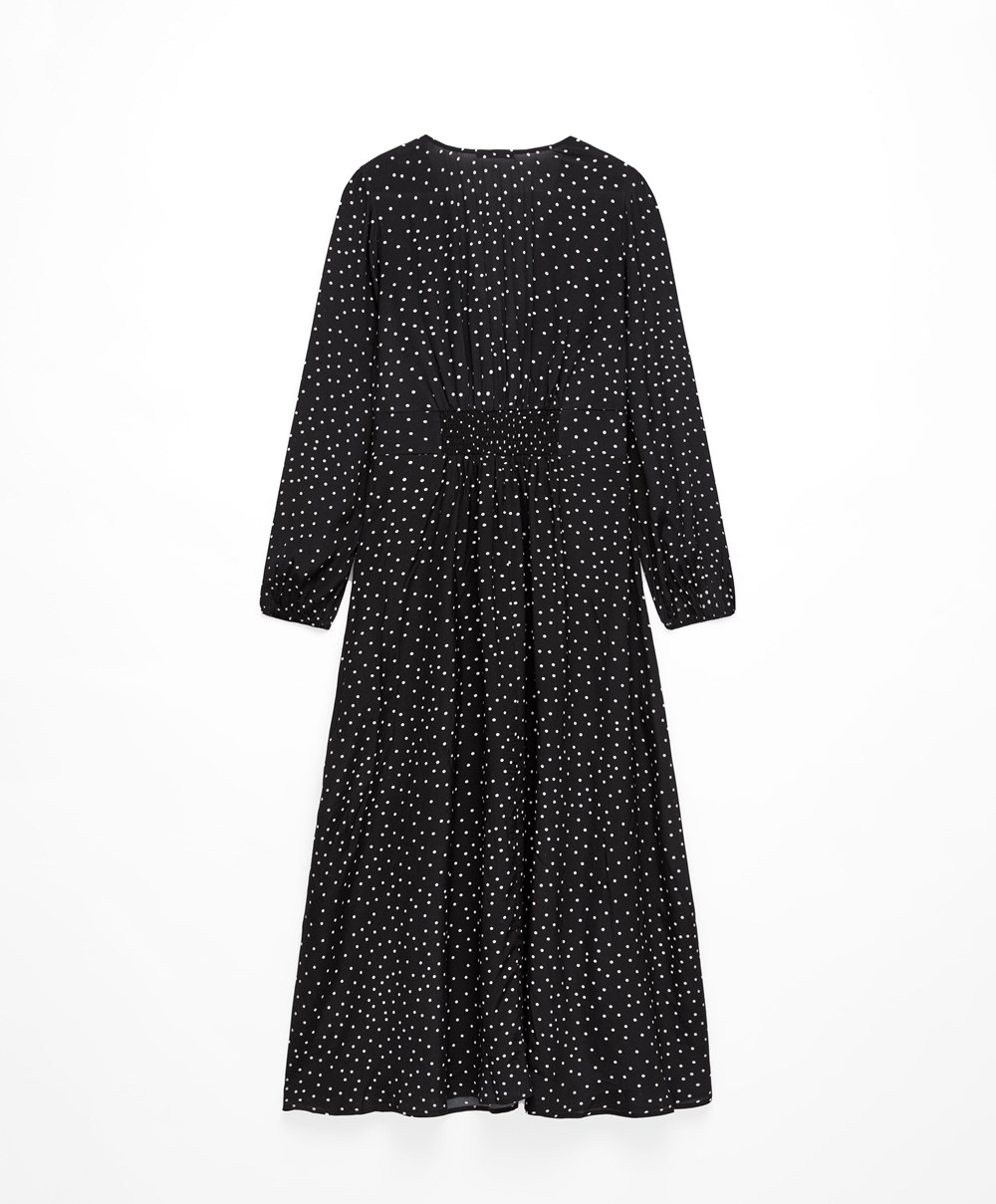 Oysho Dotted Long-sleeved Long φορεμα μαυρα | HPRJXA-862