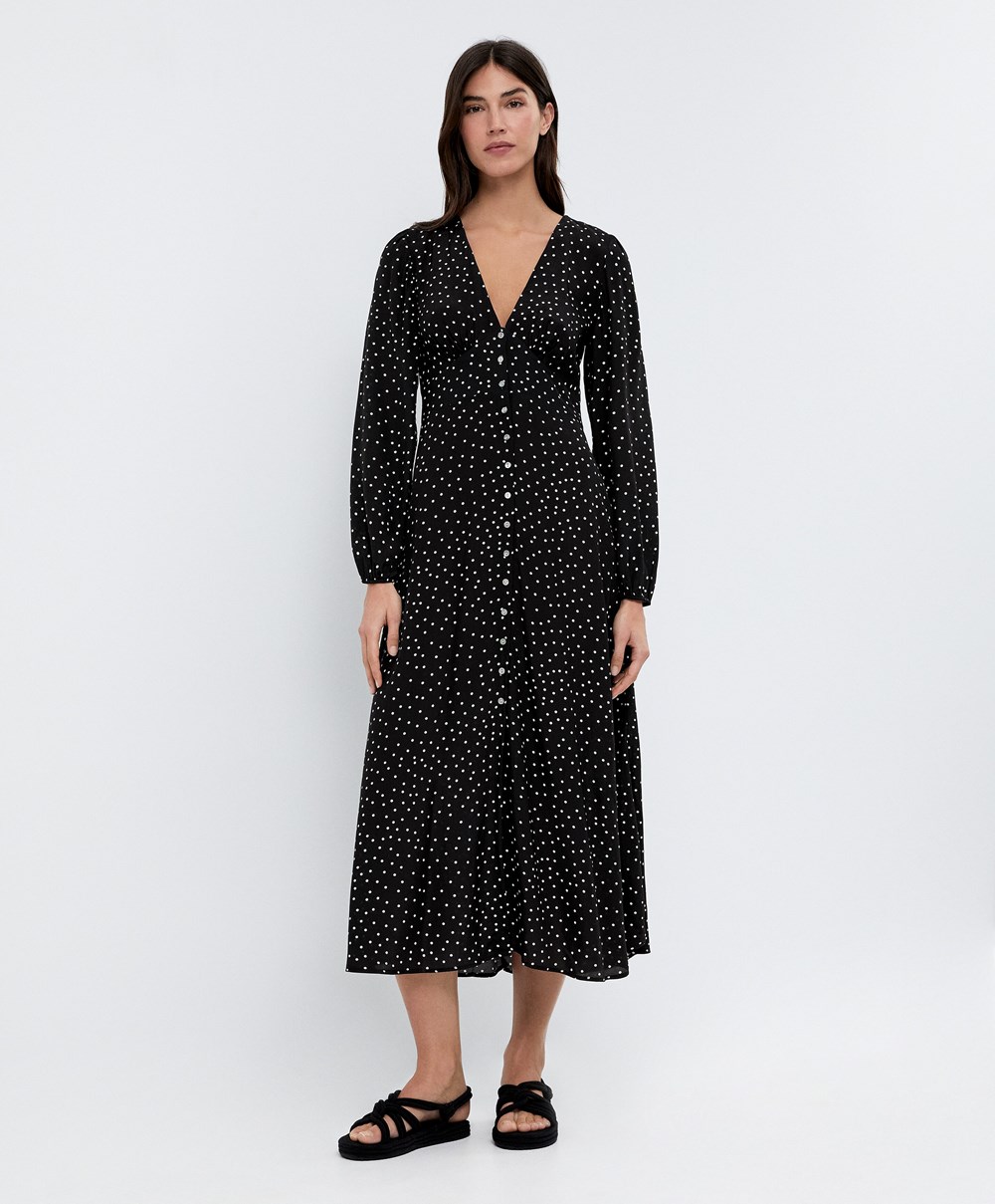 Oysho Dotted Long-sleeved Long φορεμα μαυρα | NXKEAI-932