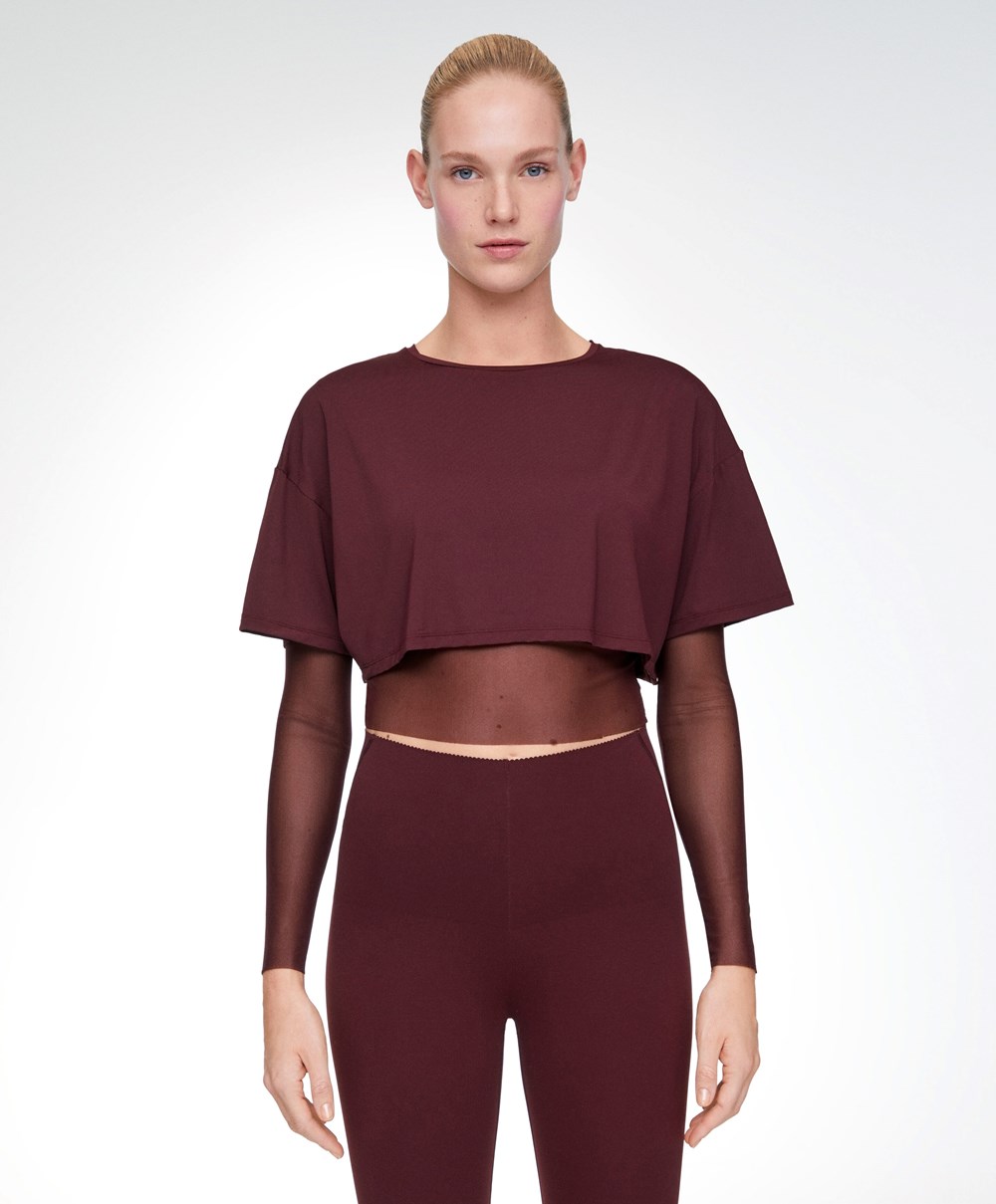 Oysho Double Mesh Top μπορντο | UQZOAE-124