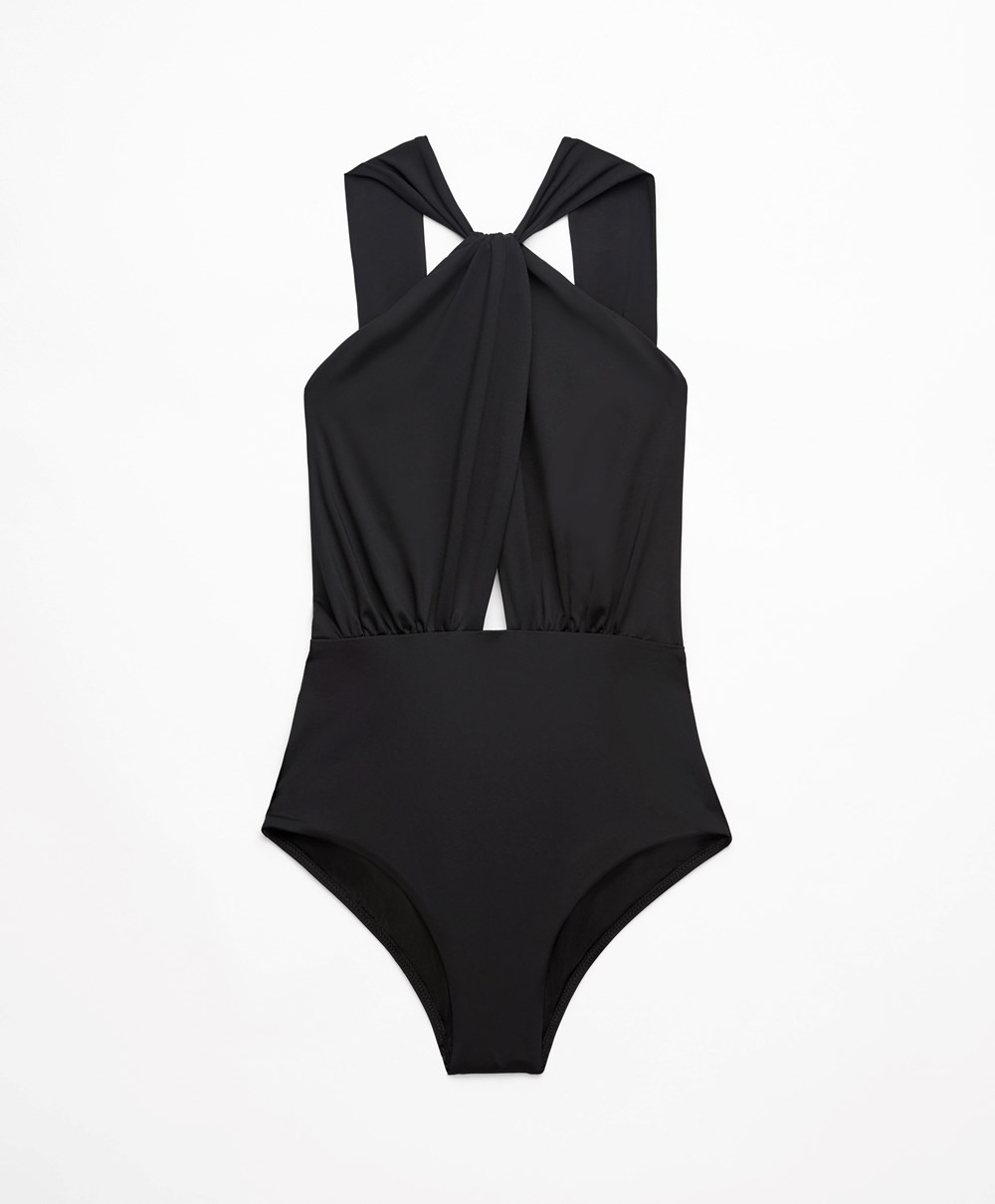 Oysho Draped Halter Swimsuit μαυρα | YBLPIE-837