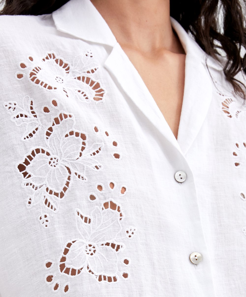 Oysho Embroidered 100% Linen κοντο-sleeved Shirt ασπρα | IHUGNA-476