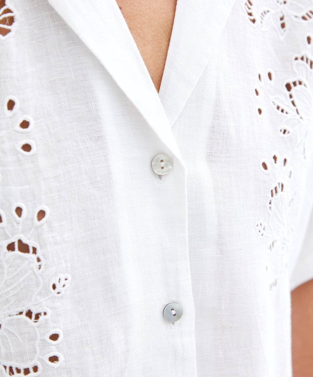 Oysho Embroidered 100% Linen κοντο-sleeved Shirt ασπρα | IHUGNA-476