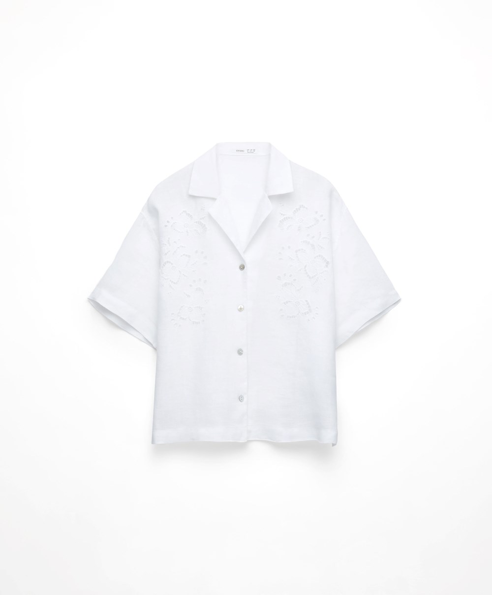 Oysho Embroidered 100% Linen κοντο-sleeved Shirt ασπρα | IHUGNA-476