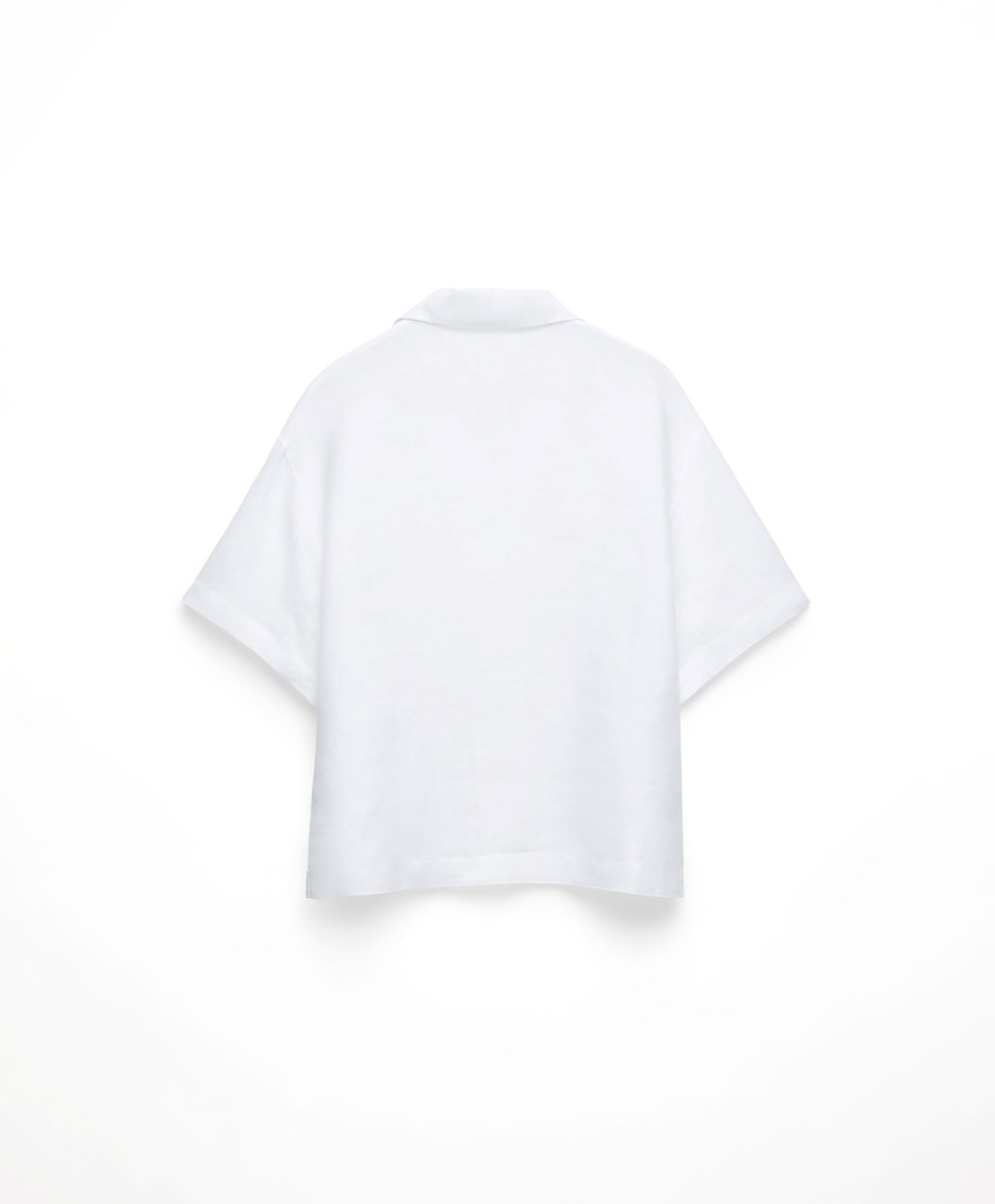 Oysho Embroidered 100% Linen κοντο-sleeved Shirt ασπρα | IHUGNA-476