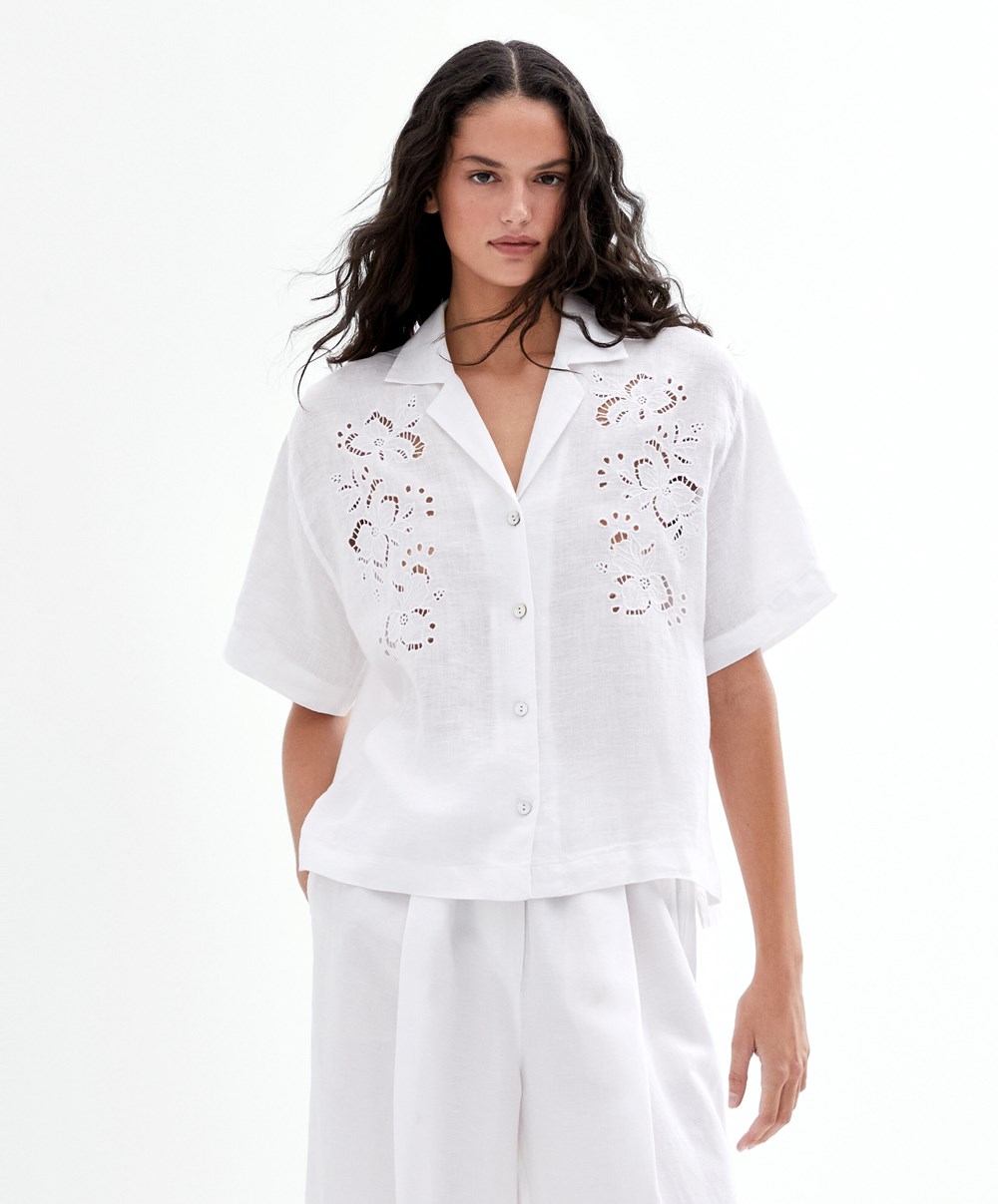 Oysho Embroidered 100% Linen κοντο-sleeved Shirt ασπρα | IHUGNA-476