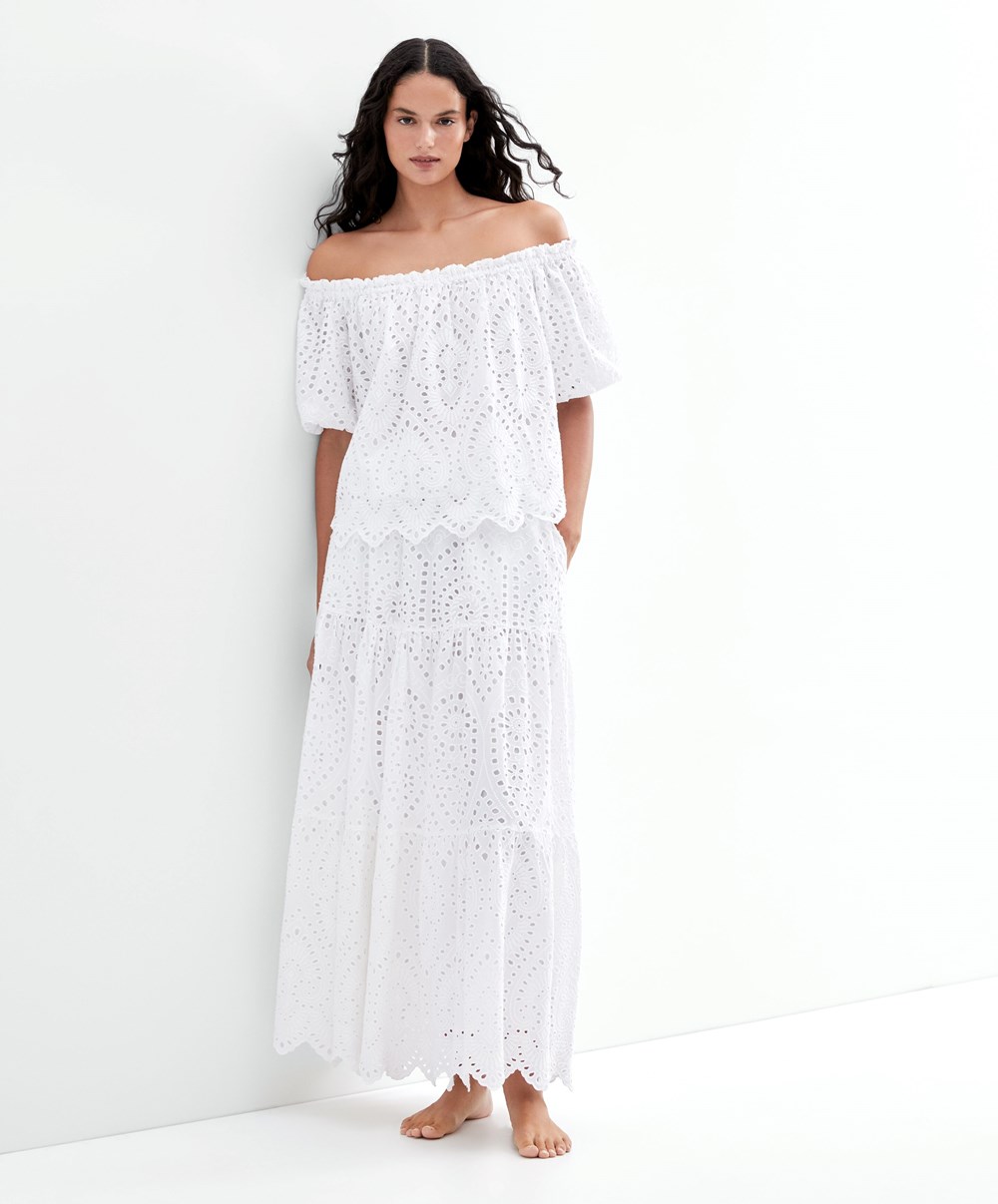 Oysho Embroidered 100% βαμβακερα Off-shoulder Top ασπρα | NIXGCS-095