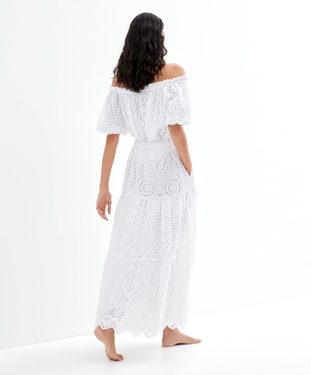 Oysho Embroidered 100% βαμβακερα Off-shoulder Top ασπρα | NIXGCS-095