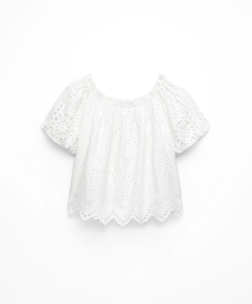 Oysho Embroidered 100% βαμβακερα Off-shoulder Top ασπρα | NIXGCS-095