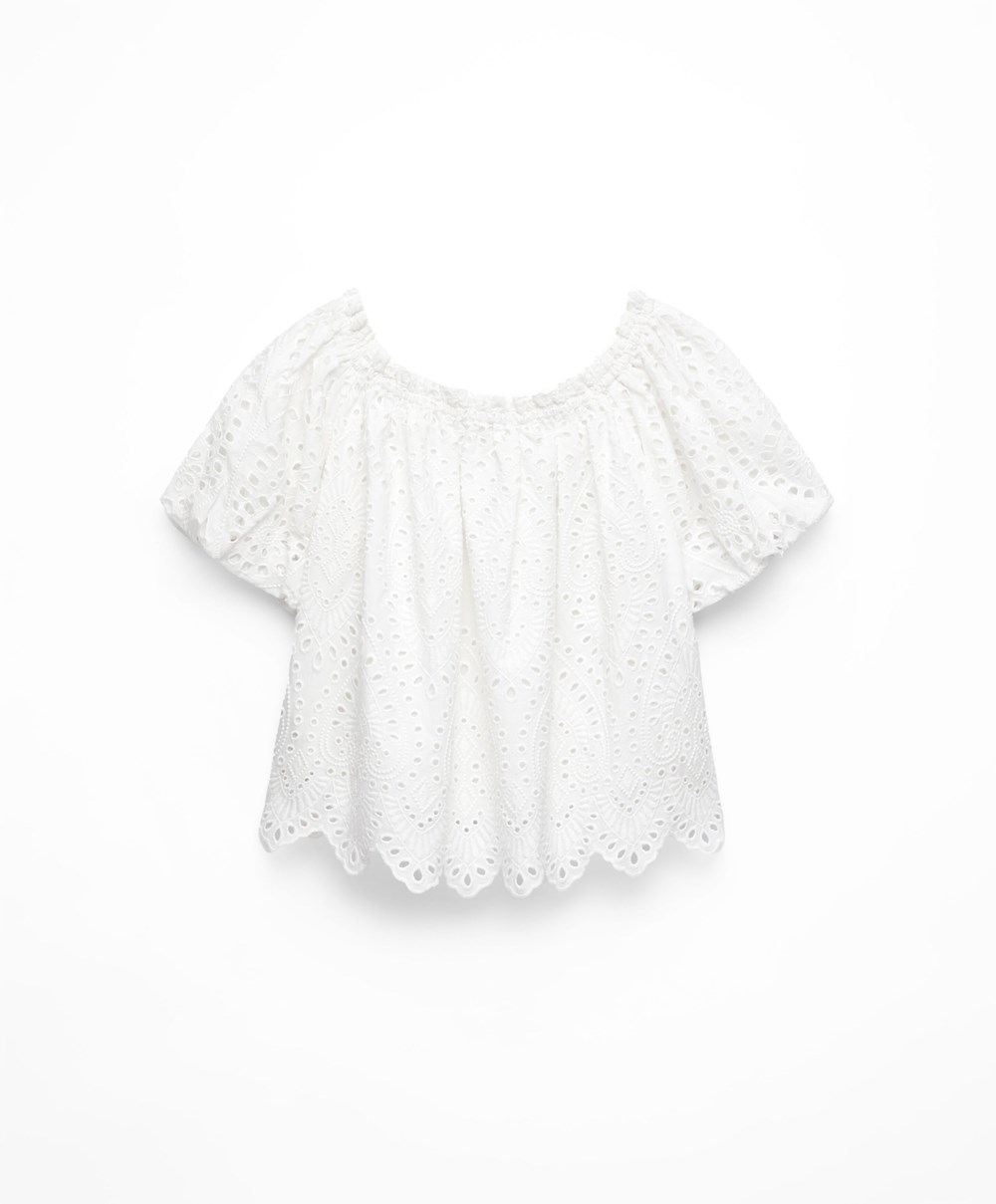 Oysho Embroidered 100% βαμβακερα Off-shoulder Top ασπρα | NIXGCS-095