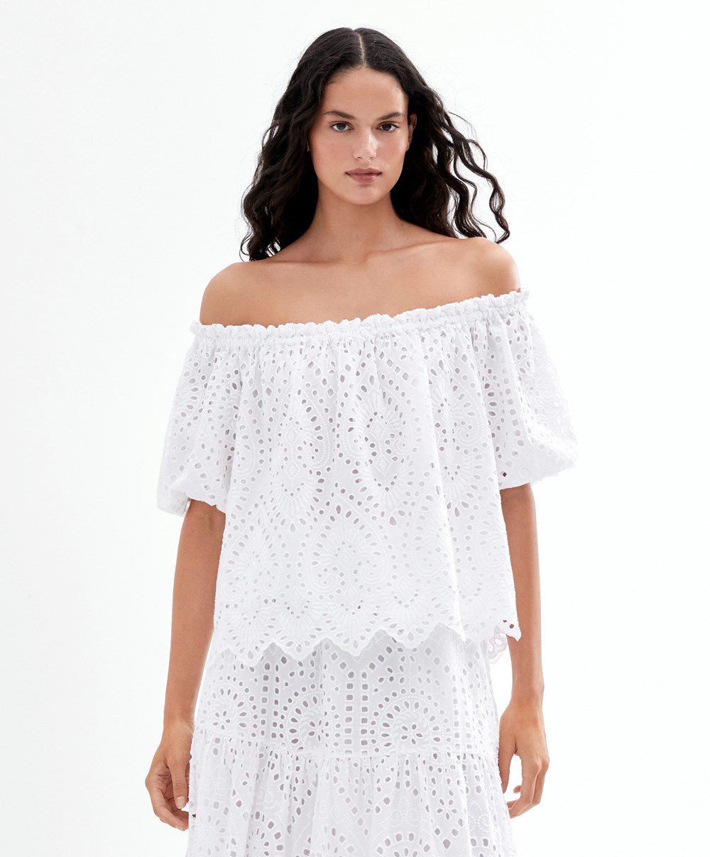 Oysho Embroidered 100% βαμβακερα Off-shoulder Top ασπρα | NIXGCS-095