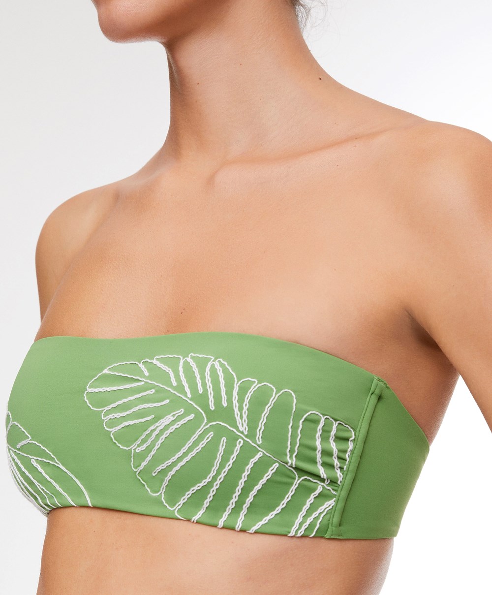 Oysho Embroidered Bandeau Μπικίνι Top πρασινο | DRVICK-256