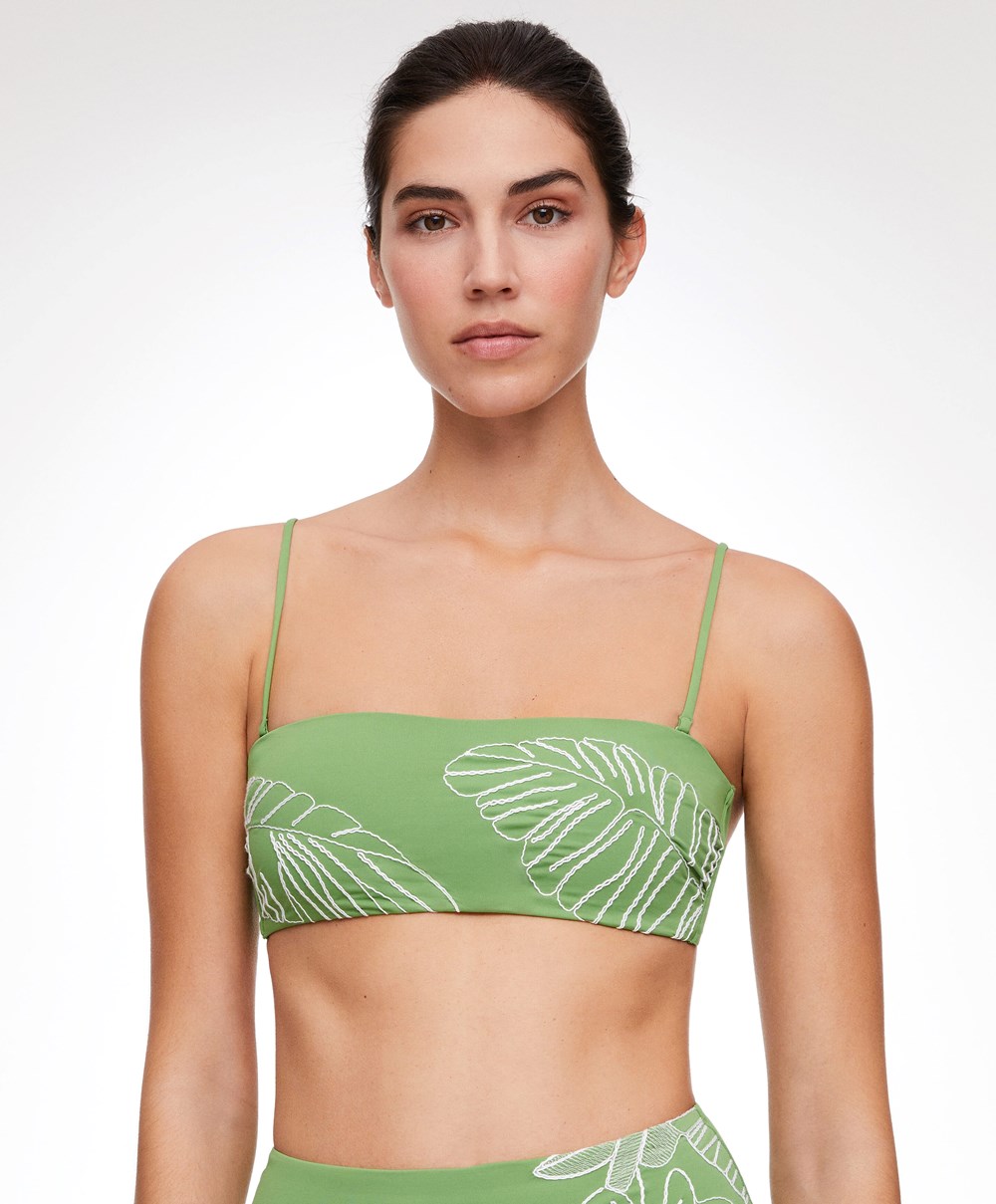 Oysho Embroidered Bandeau Μπικίνι Top πρασινο | DRVICK-256