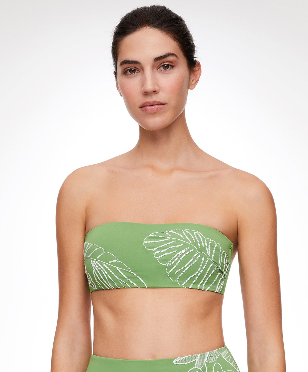 Oysho Embroidered Bandeau Μπικίνι Top πρασινο | DRVICK-256