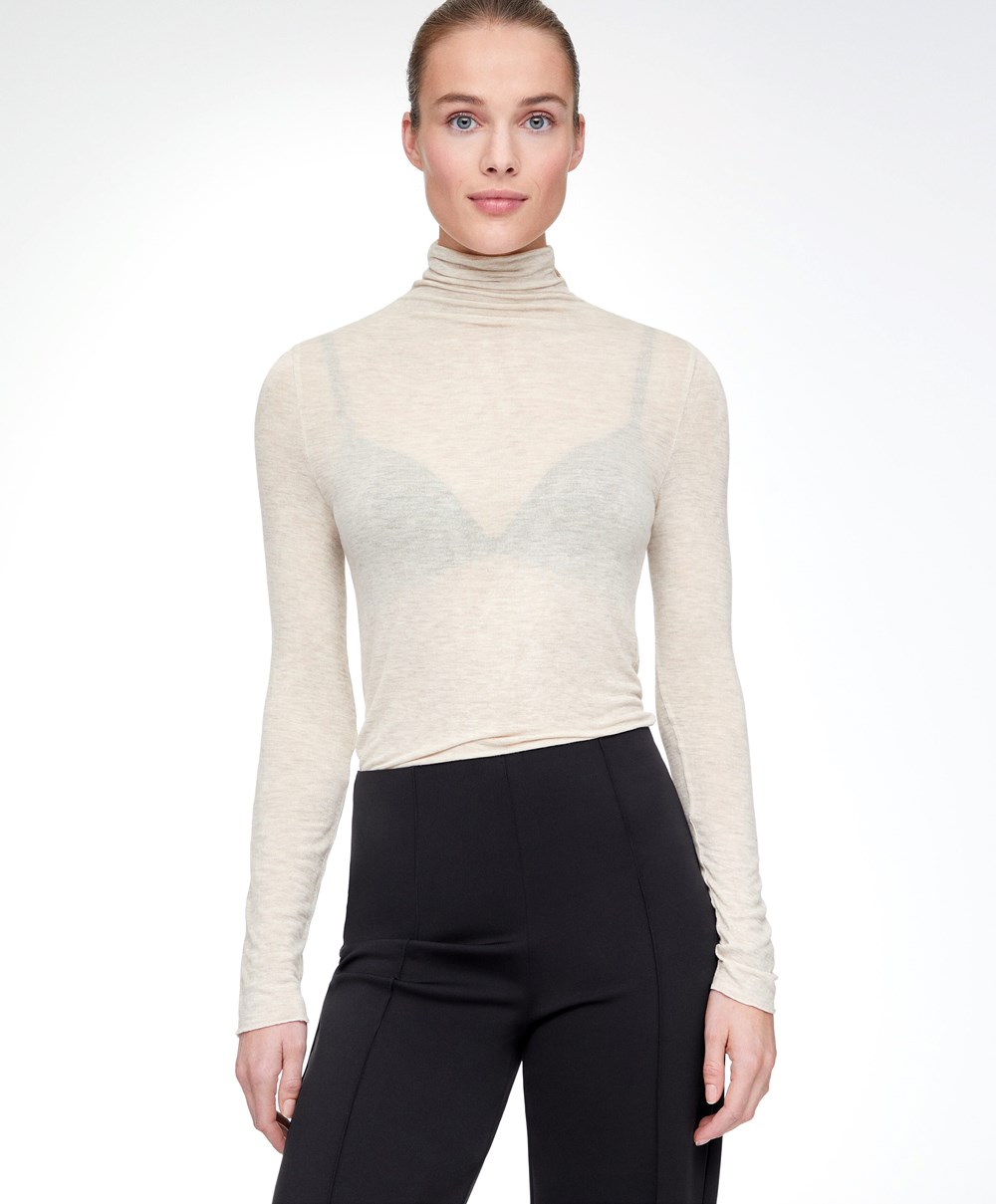 Oysho Extra-fine Long-sleeved T-shirt With High Neck Sand Melange | RAYUBK-379