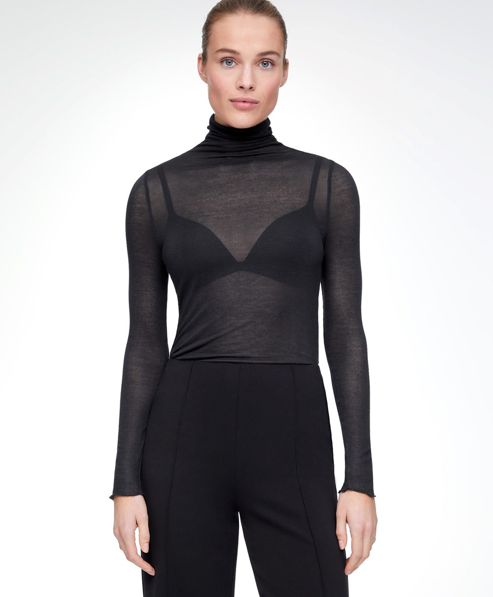 Oysho Extra-fine Long-sleeved T-shirt With High Neck Anthracite | REOTLF-349