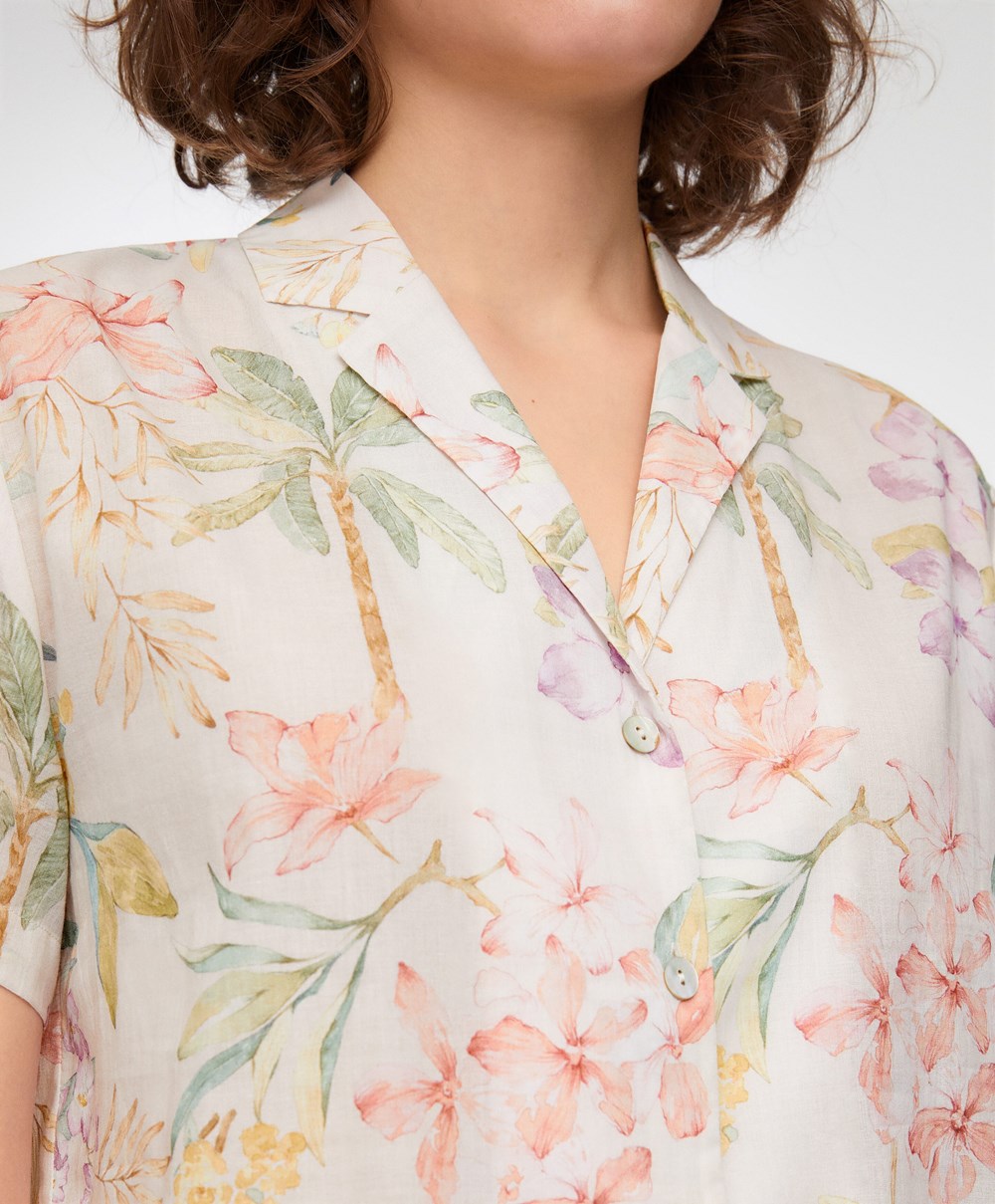 Oysho Floral 100% βαμβακερα κοντο-sleeved Shirt Vanilla | HFITJY-468