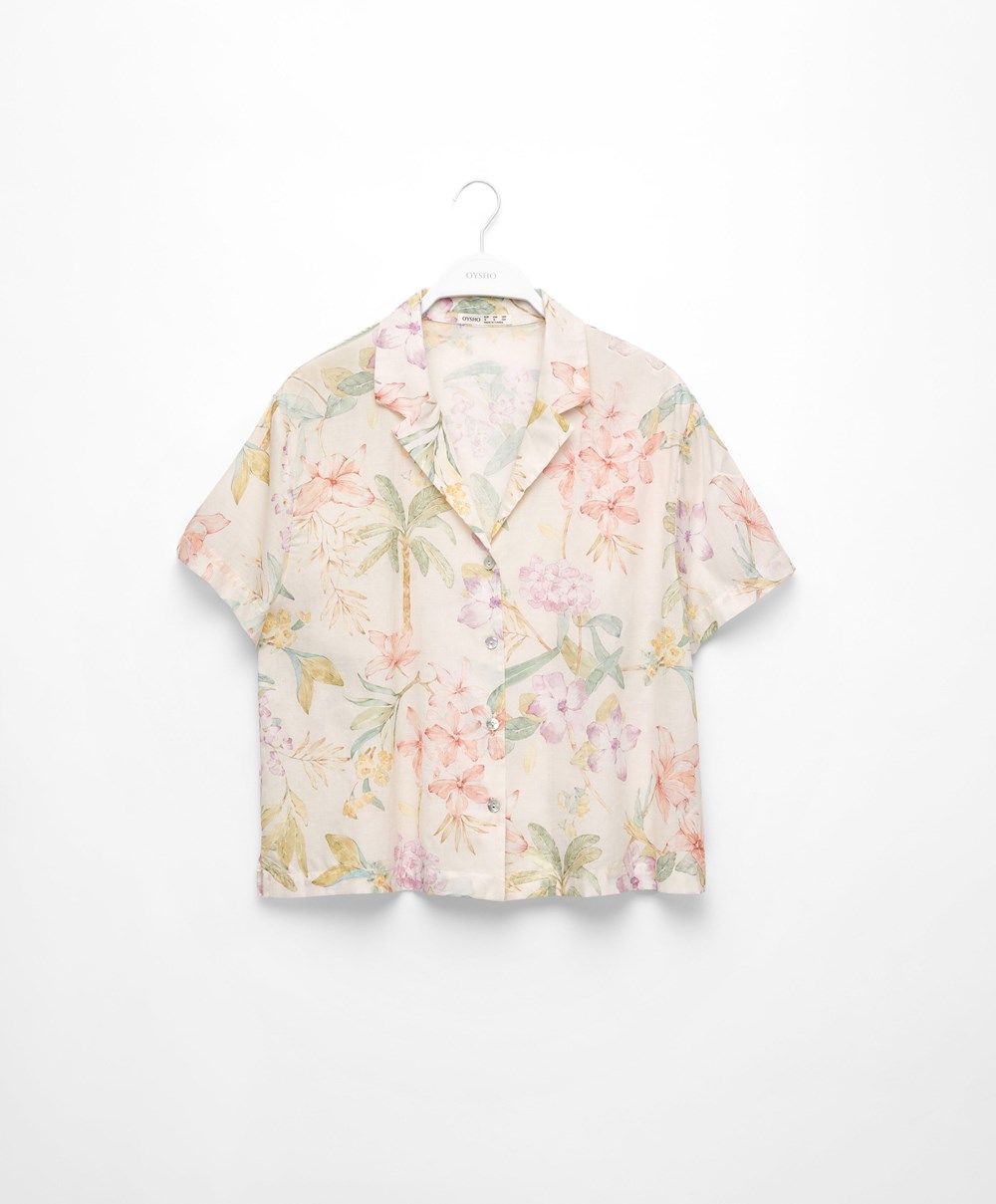 Oysho Floral 100% βαμβακερα κοντο-sleeved Shirt Vanilla | HFITJY-468