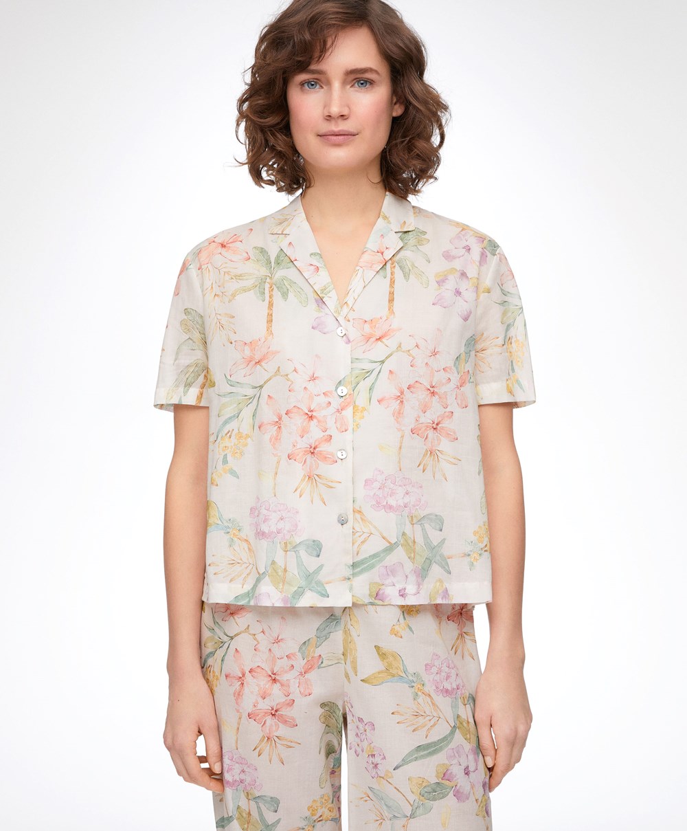 Oysho Floral 100% βαμβακερα κοντο-sleeved Shirt Vanilla | RHCPVK-715