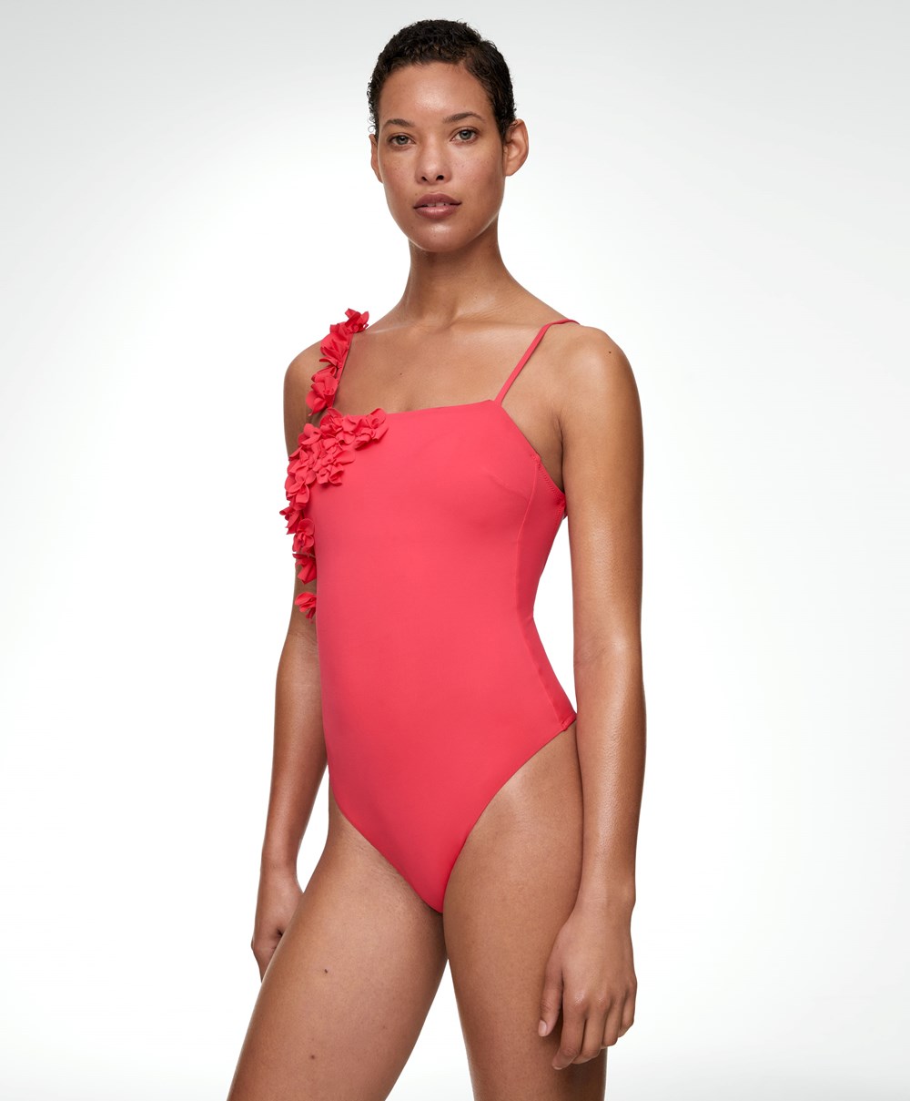 Oysho Floral Appliqué Bandeau Swimsuit κοραλι | FXKCLP-651