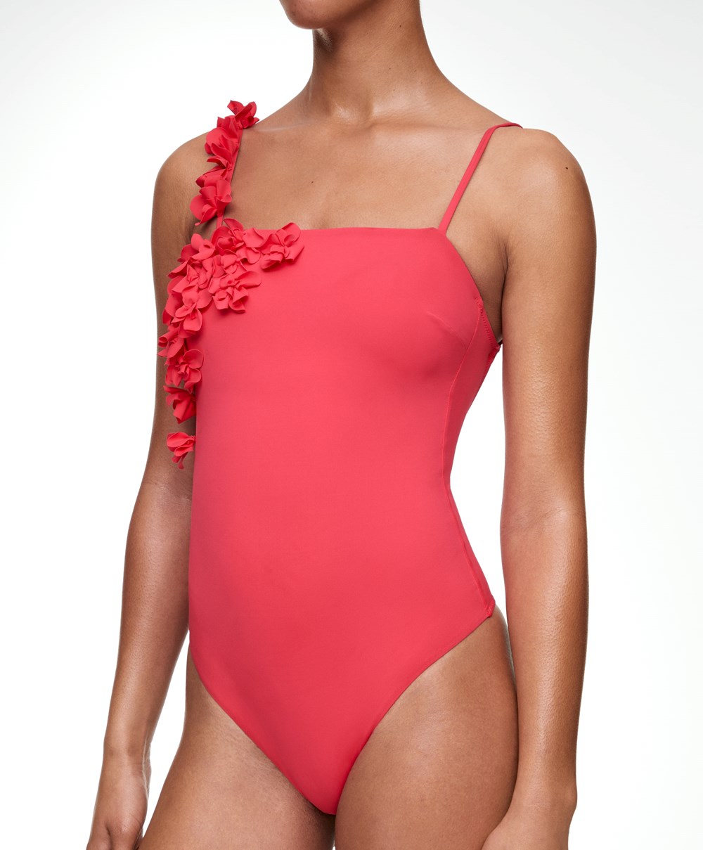 Oysho Floral Appliqué Bandeau Swimsuit κοραλι | PEMRLG-261