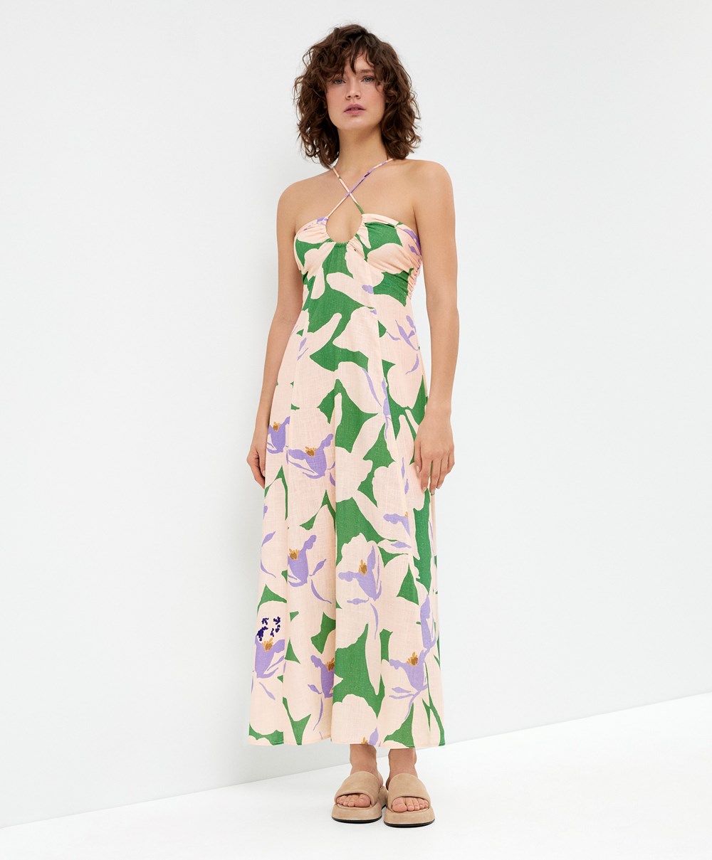 Oysho Floral Linen strappy Long φορεμα πρασινο | XZSIHW-273