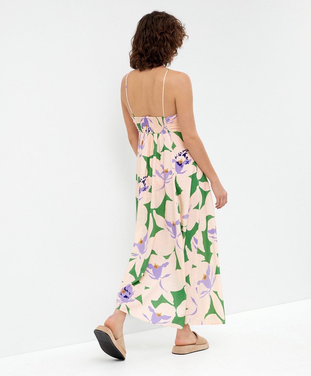 Oysho Floral Linen strappy Long φορεμα πρασινο | XZSIHW-273