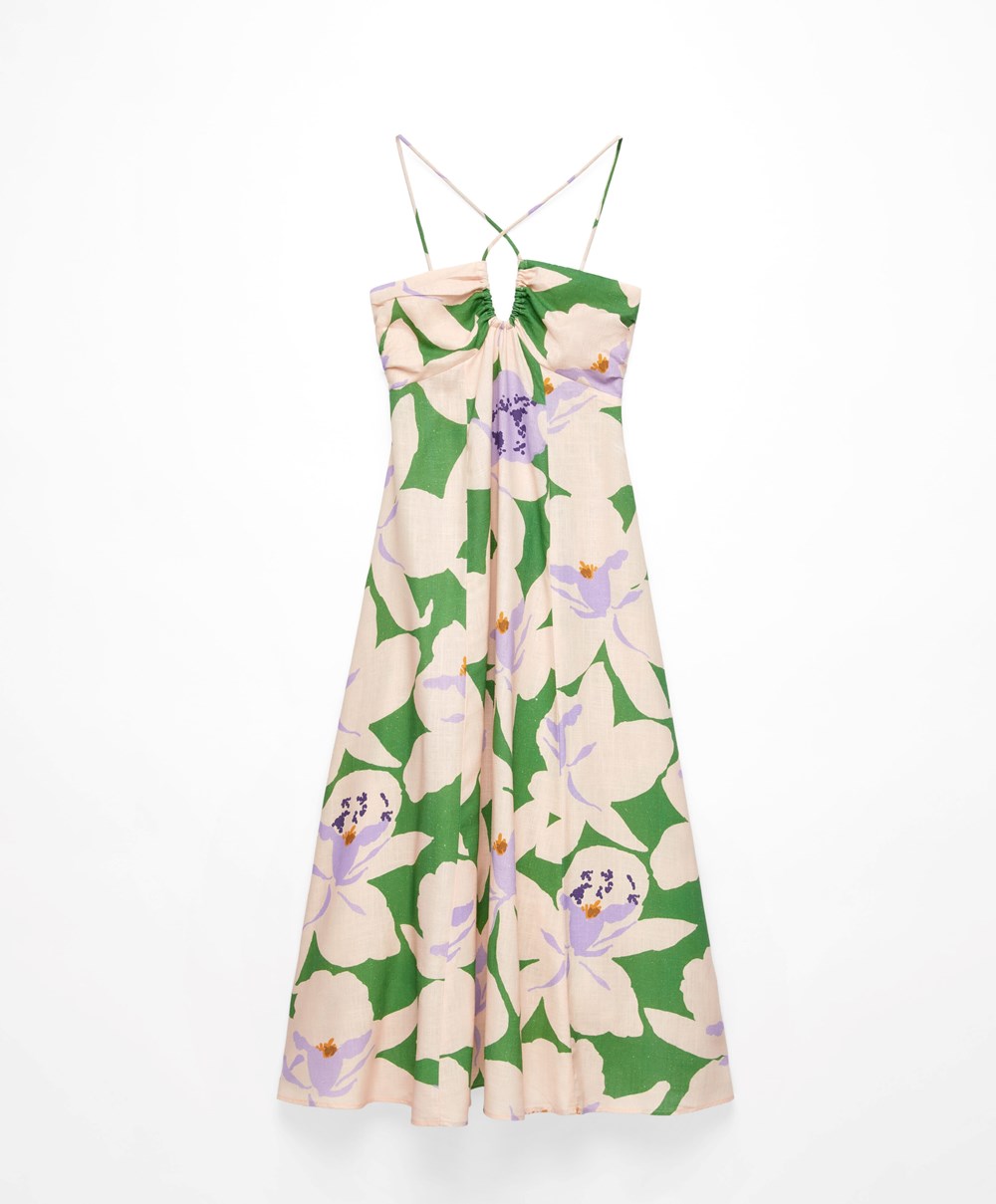 Oysho Floral Linen strappy Long φορεμα πρασινο | XZSIHW-273