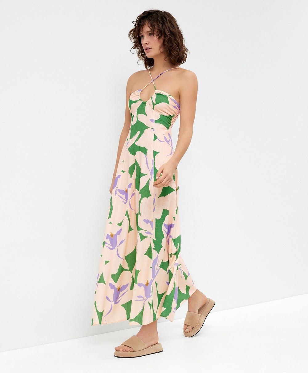 Oysho Floral Linen strappy Long φορεμα πρασινο | XZSIHW-273