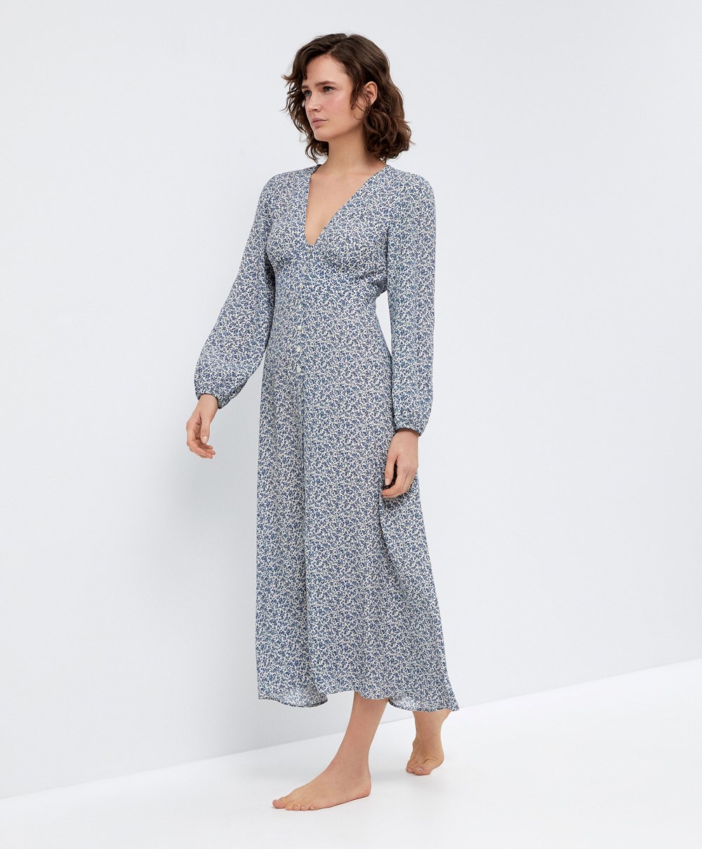 Oysho Floral Long-sleeved Midi φορεμα Ecru | JUOQTZ-728