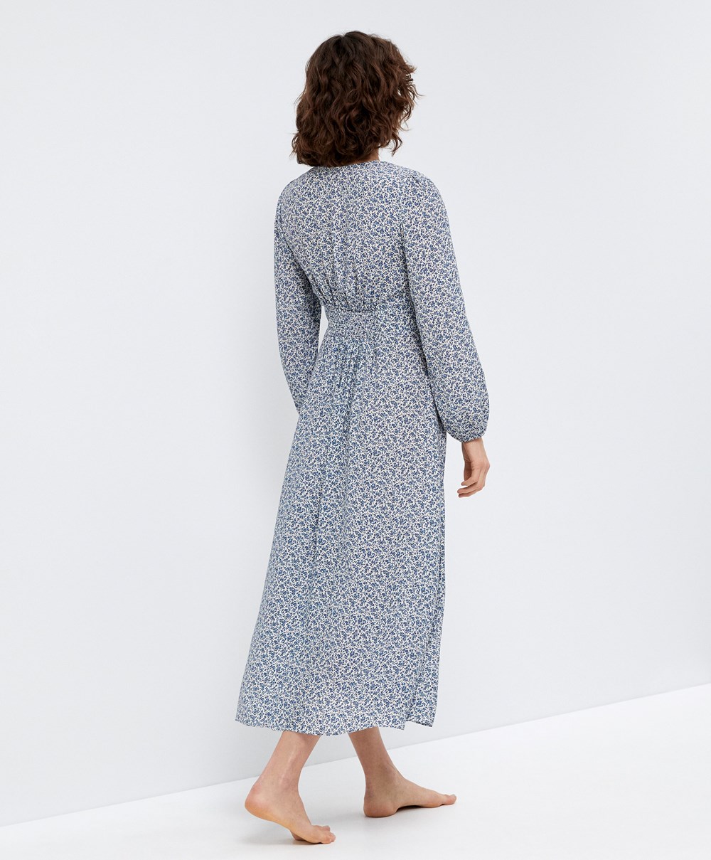 Oysho Floral Long-sleeved Midi φορεμα Ecru | JUOQTZ-728