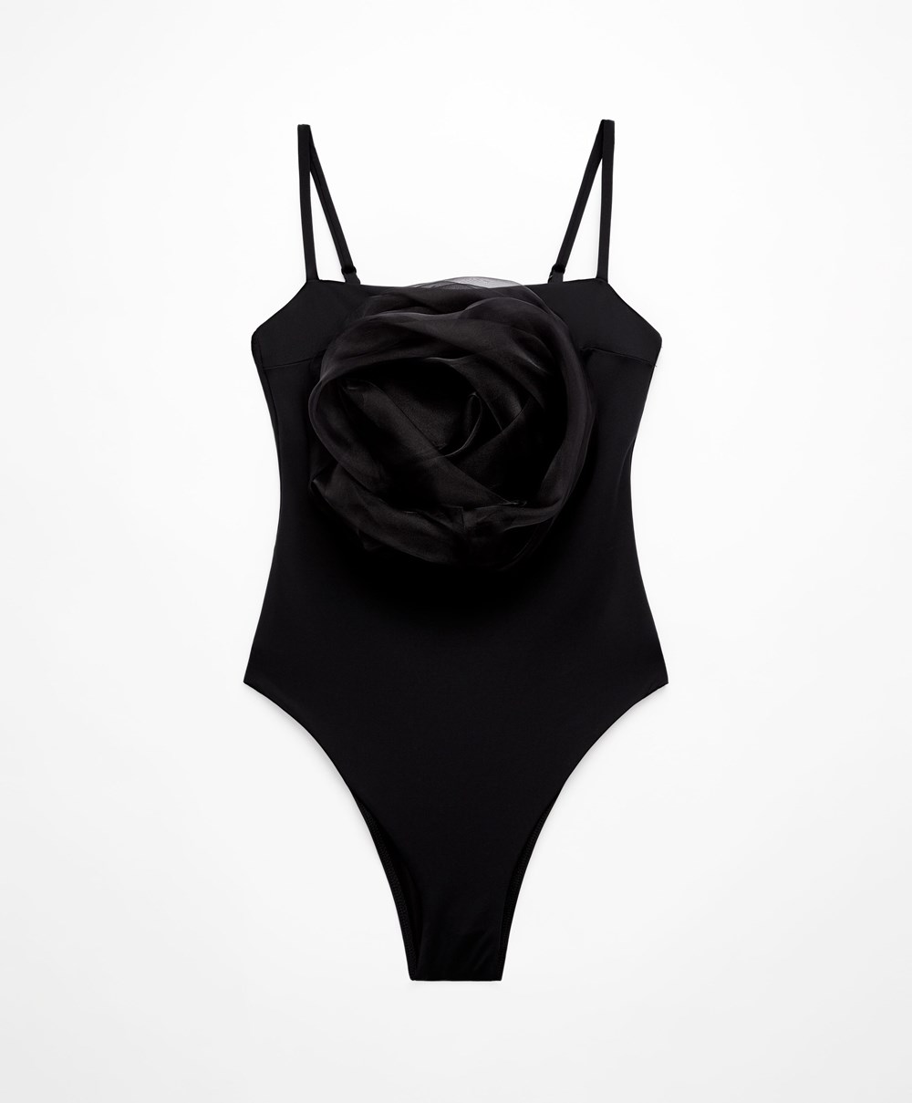 Oysho Floral Organza Swimsuit μαυρα | LRWEXV-195