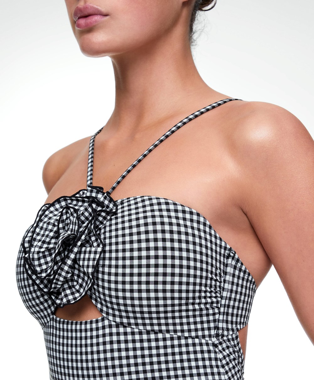 Oysho Gingham Cut-out Swimsuit μαυρα | VKCZPN-167