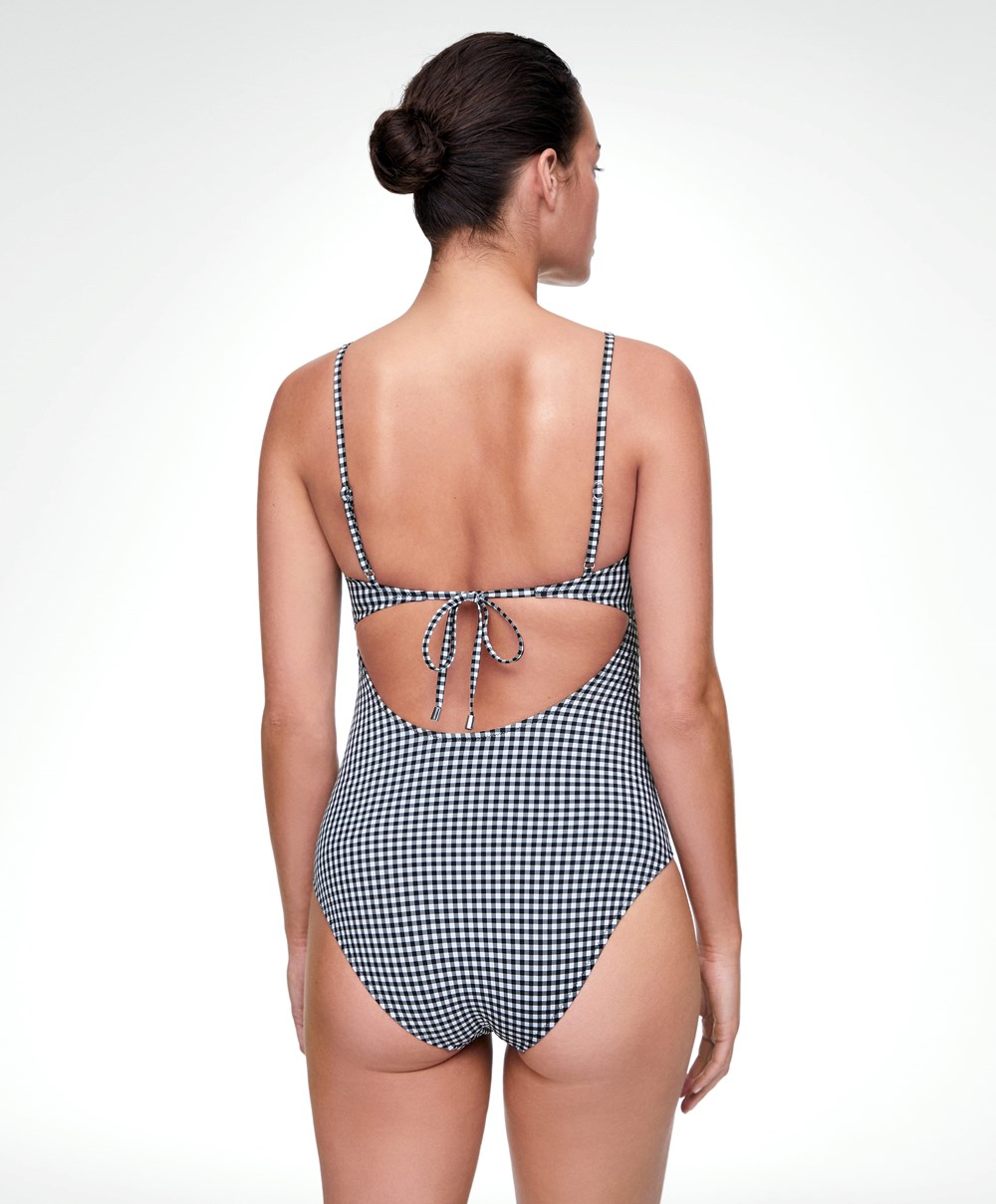 Oysho Gingham Cut-out Swimsuit μαυρα | VKCZPN-167