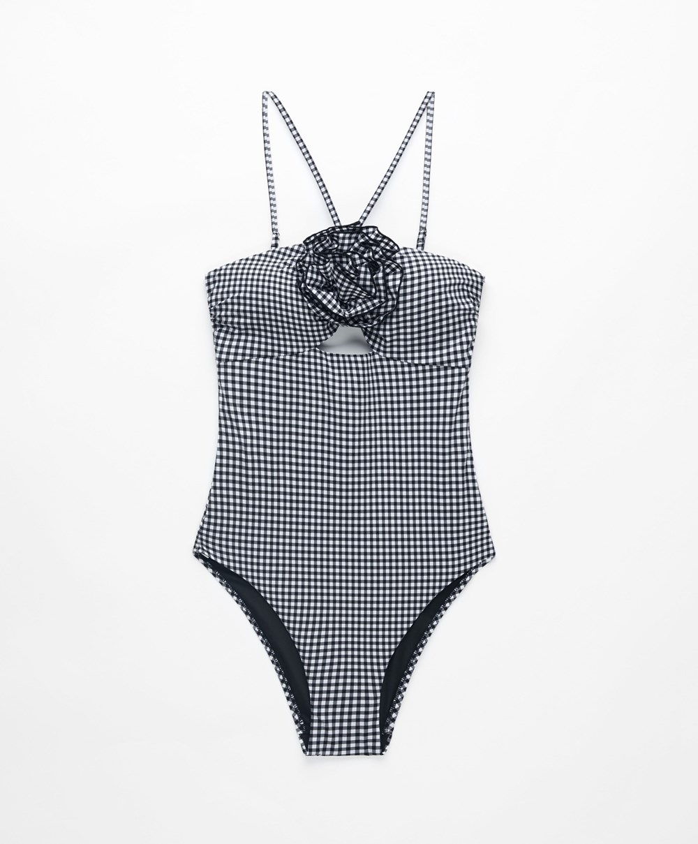 Oysho Gingham Cut-out Swimsuit μαυρα | VKCZPN-167