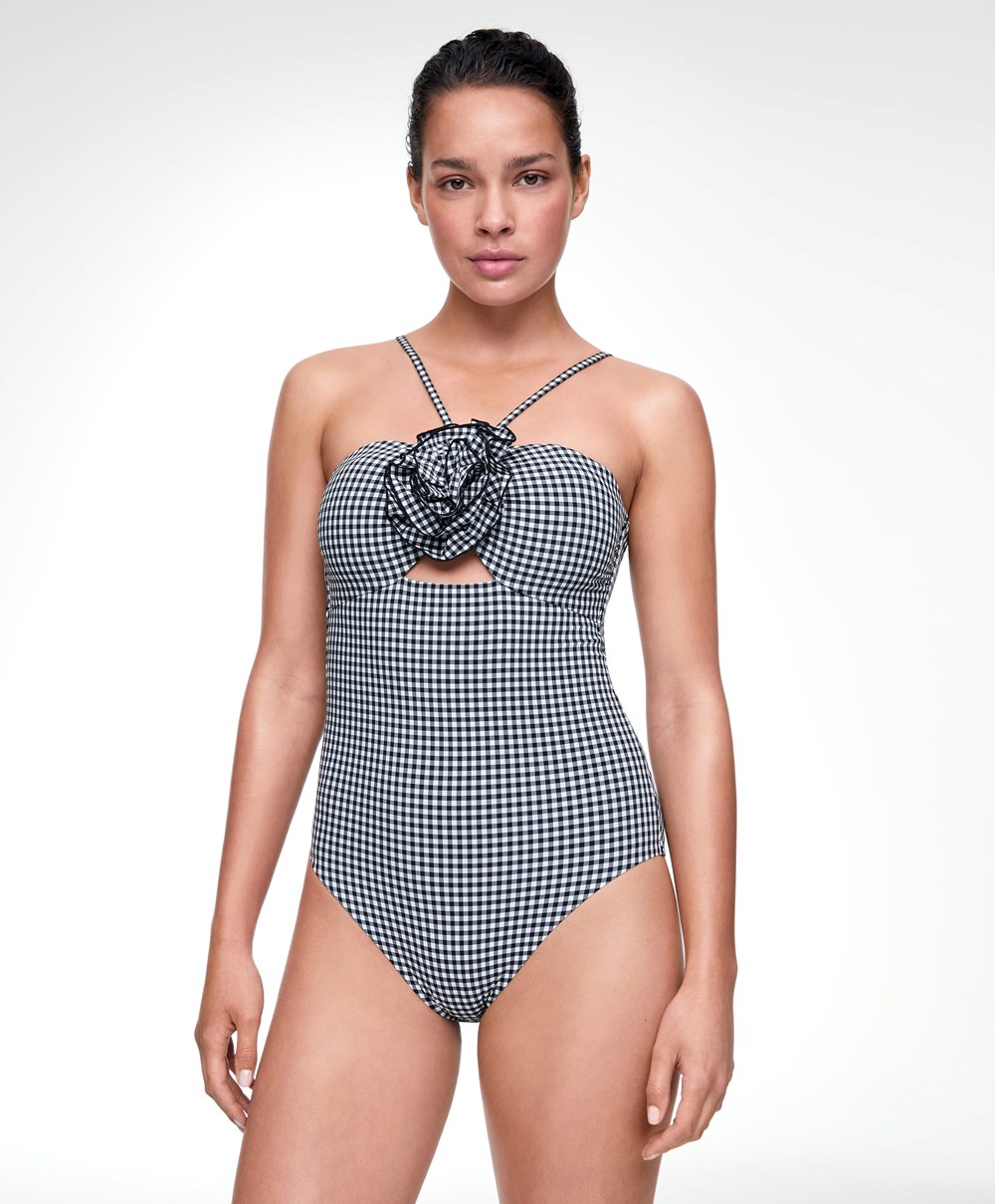 Oysho Gingham Cut-out Swimsuit μαυρα | VKCZPN-167