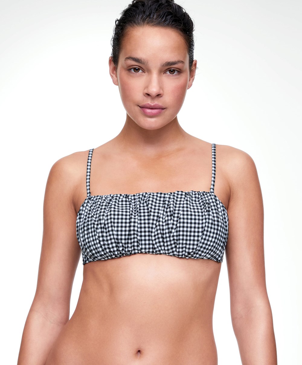 Oysho Gingham Ruched Μπικίνι Top μαυρα | YKDPBG-721