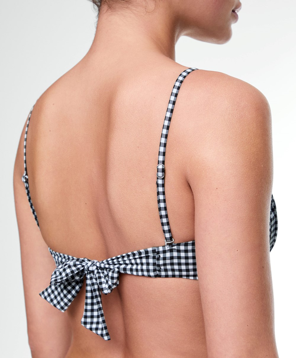 Oysho Gingham Ruched Μπικίνι Top μαυρα | YKDPBG-721