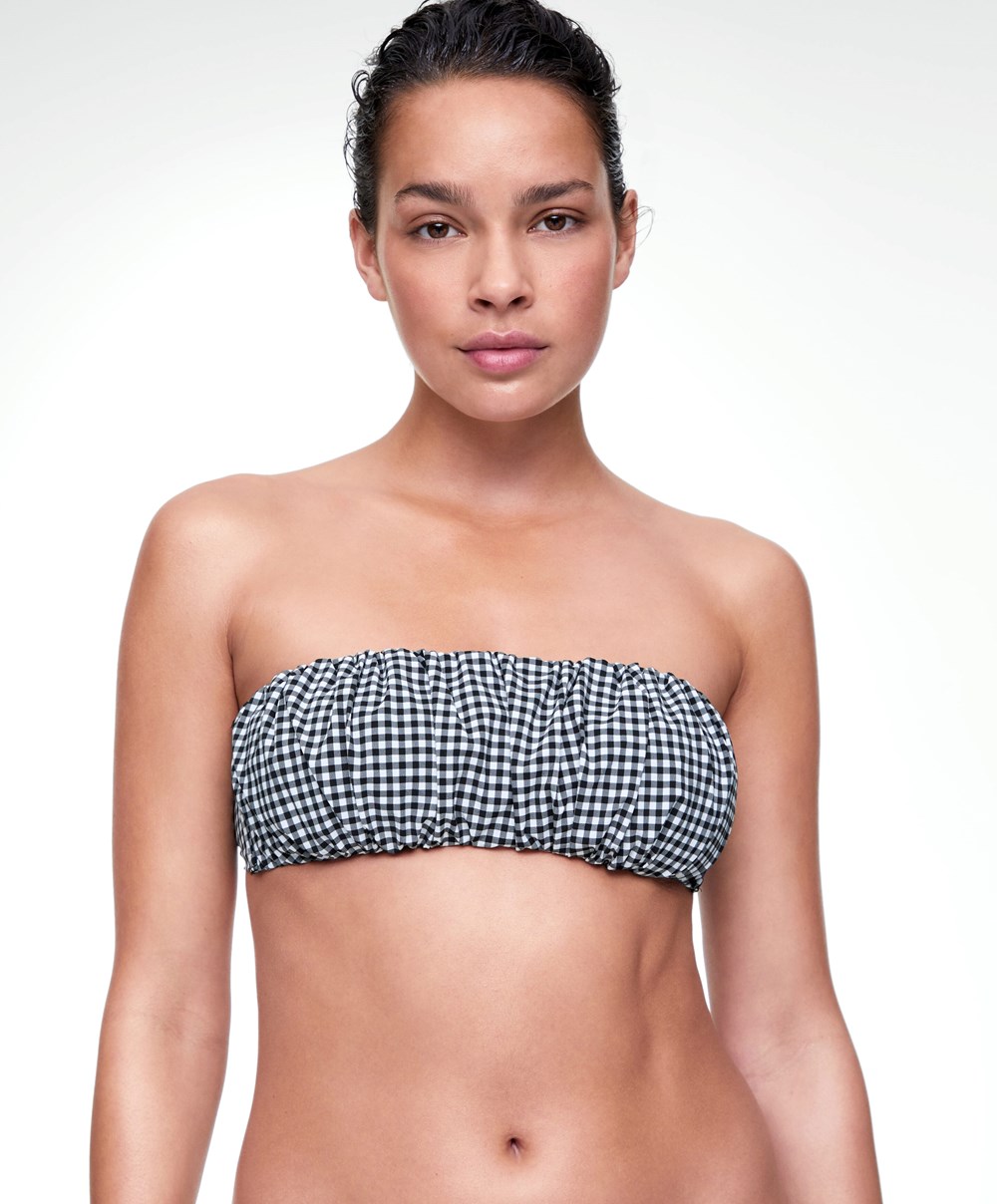 Oysho Gingham Ruched Μπικίνι Top μαυρα | YKDPBG-721