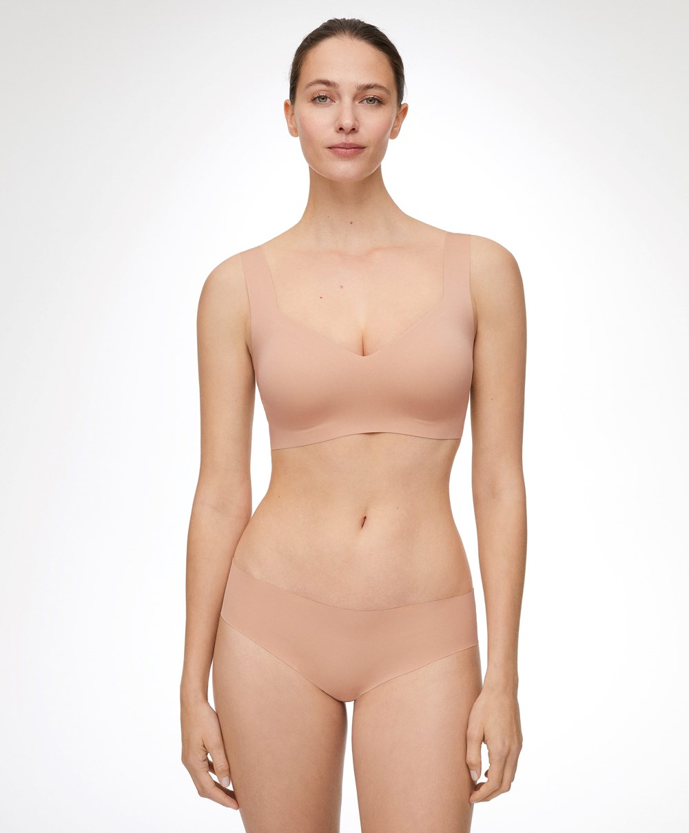 Oysho Invisible Laser-cut V-neck Bra Μπεζ | UQNCSW-619