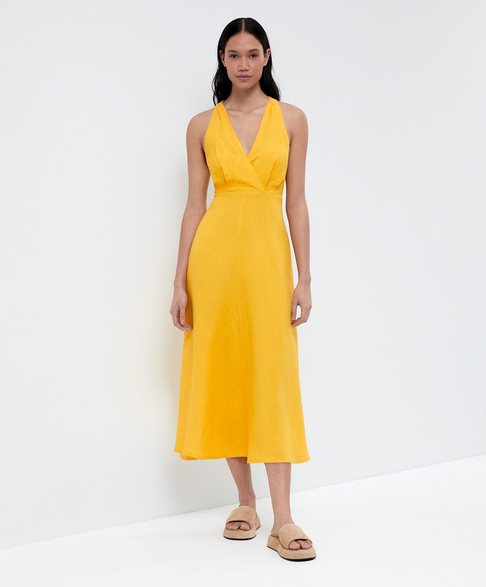 Oysho Knot Back Linen Halterneck φορεμα Mid-yellow | BMLGAU-436