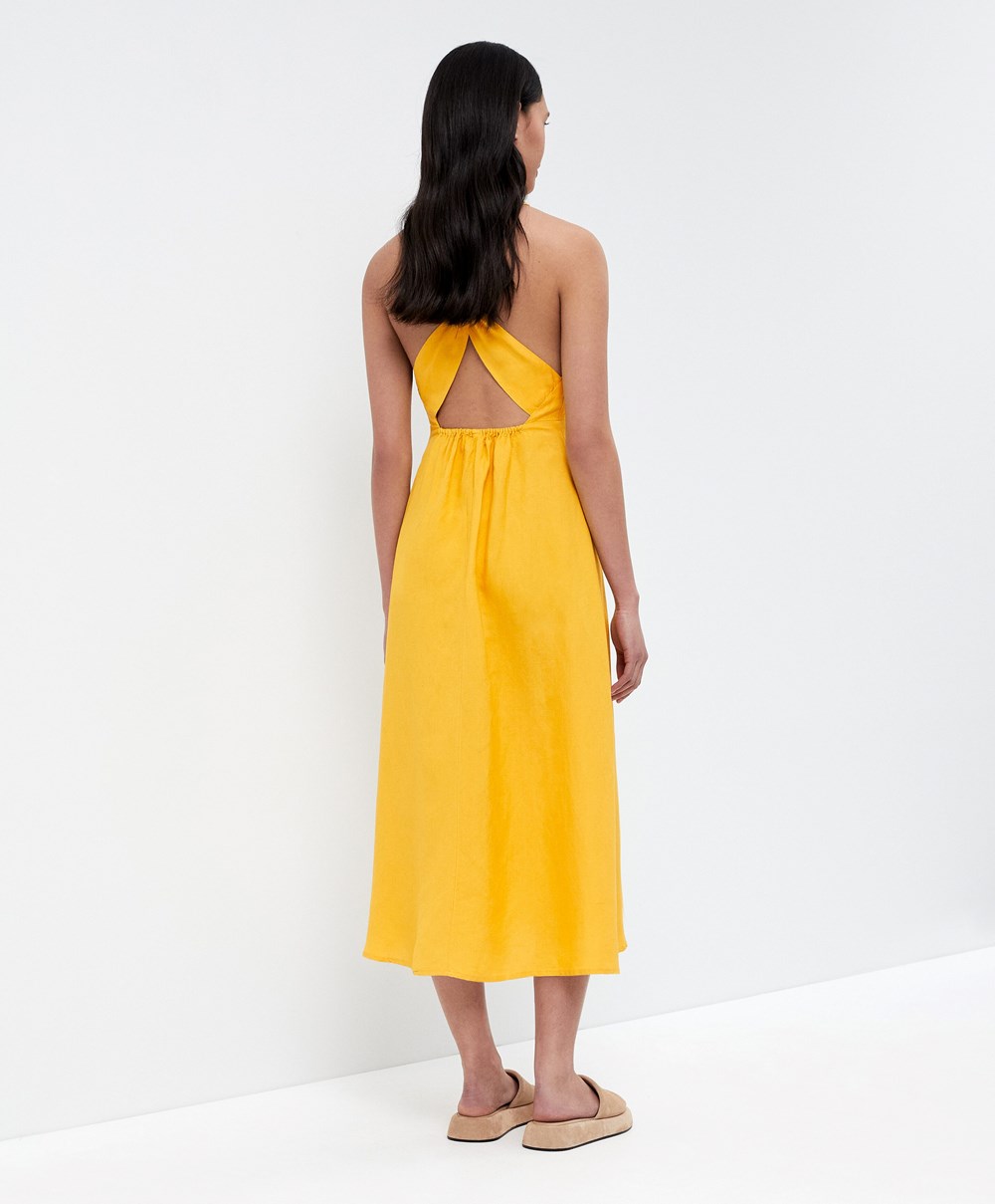 Oysho Knot Back Linen Halterneck φορεμα Mid-yellow | BMLGAU-436