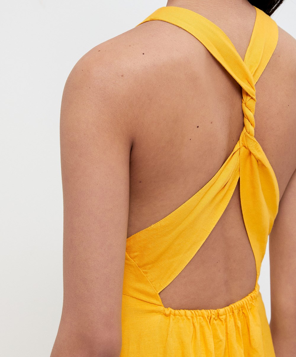 Oysho Knot Back Linen Halterneck φορεμα Mid-yellow | BMLGAU-436