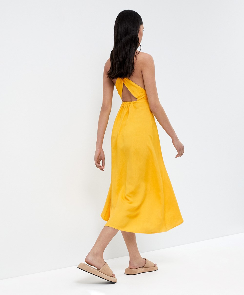 Oysho Knot Back Linen Halterneck φορεμα Mid-yellow | BMLGAU-436