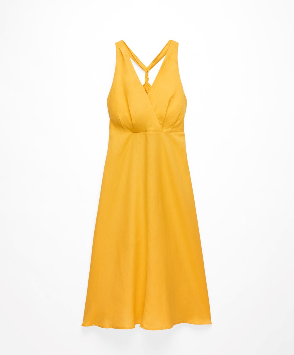 Oysho Knot Back Linen Halterneck φορεμα Mid-yellow | BMLGAU-436