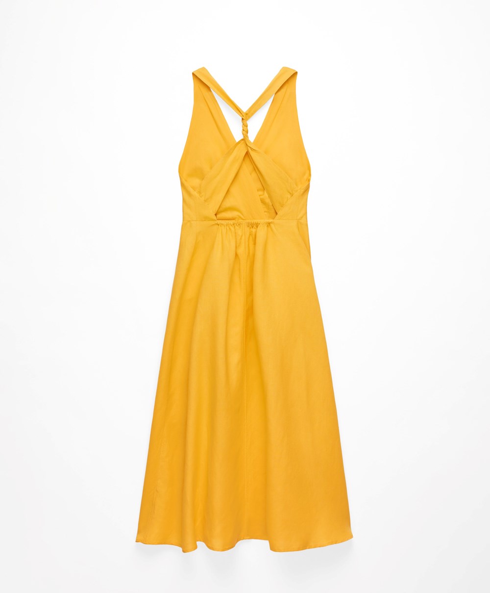 Oysho Knot Back Linen Halterneck φορεμα Mid-yellow | BMLGAU-436