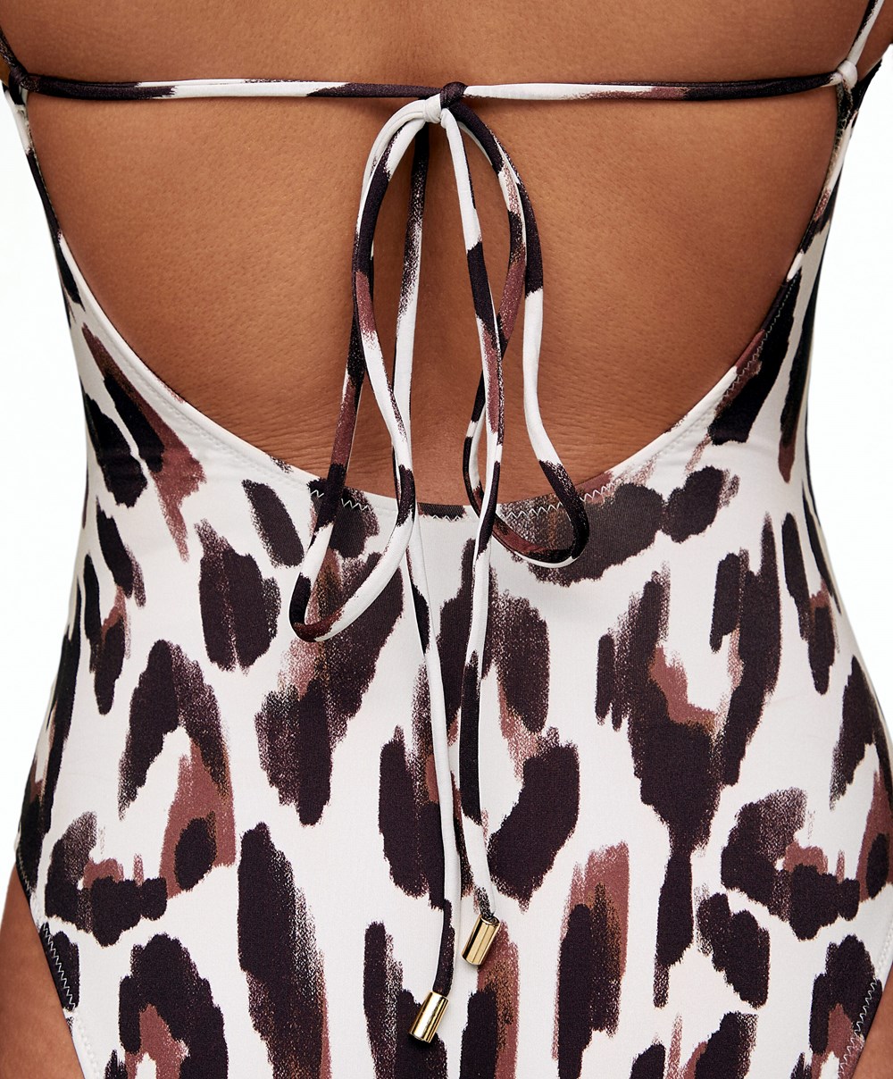 Oysho Leopard Print V-neck Swimsuit Ecru | YAQREG-629