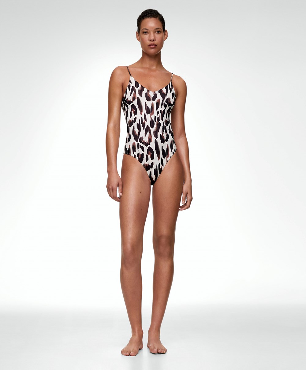 Oysho Leopard Print V-neck Swimsuit Ecru | YAQREG-629